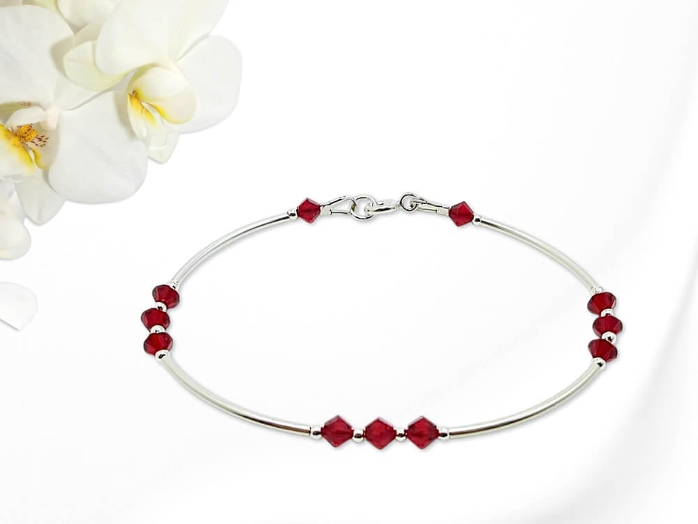 Ruby Red Austrian Crystals & Sterling Silver Curves Elegant Bangle Bracelet
