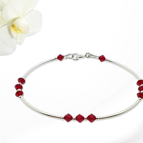 Ruby Red Austrian Crystals & Sterling Silver Curves Elegant Bangle Bracelet