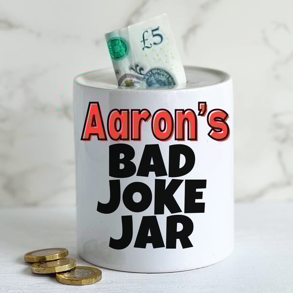 Ceramic Money Box Personalised name Bade Joke Jar