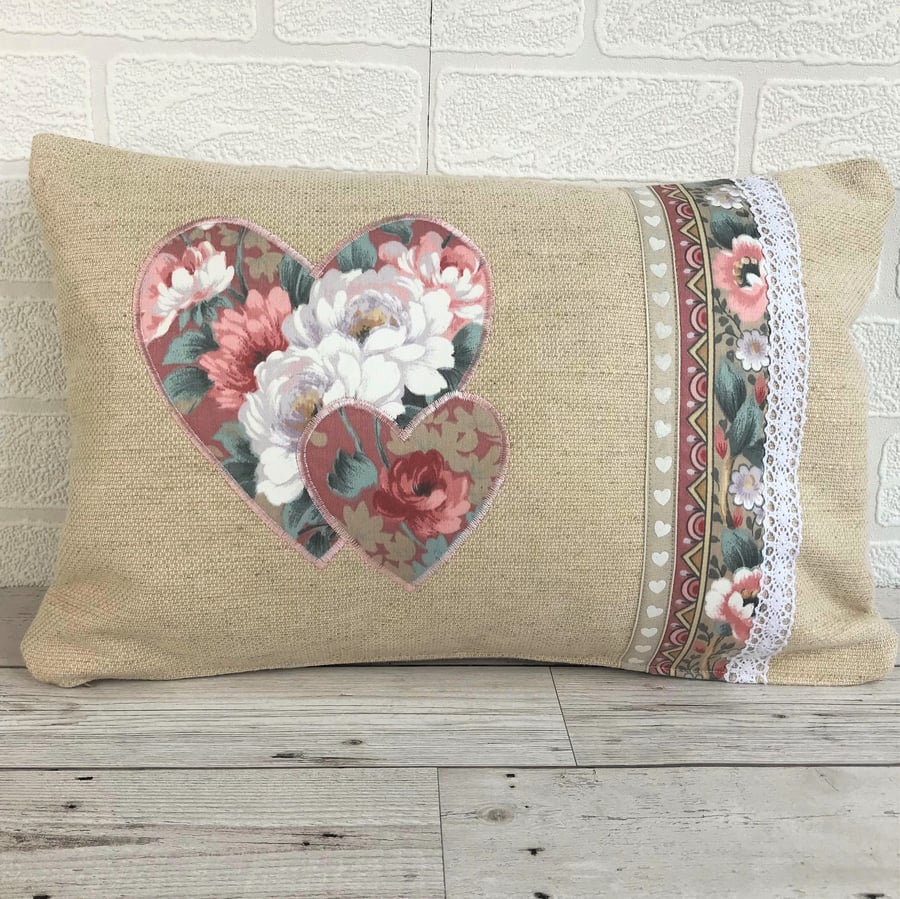 Rectangular shabby chic cushion with hearts, ribbon and lace trim