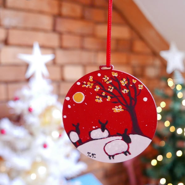 Red Christmas Bauble, Sheep Ornament, Winter Countryside, Traditional Decoration