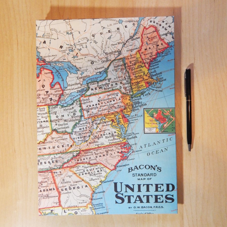 USA Map Journal, Notebook.  Lined pages. A4 large notebook.  Travel Journal. 