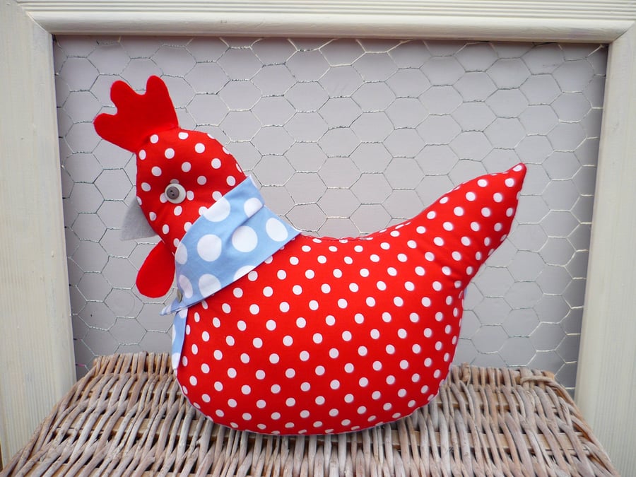 Chicken Hen DOORSTOP Handmade RED & WHITE SPOTTY With Spotty Neck Scarf Country 