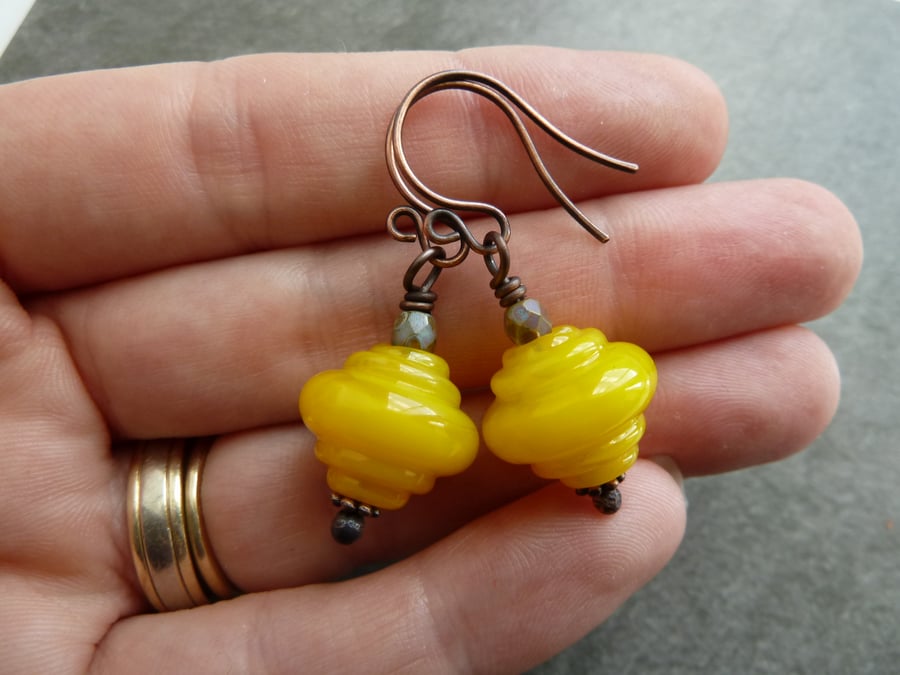 copper, yellow lampwork glass earrings