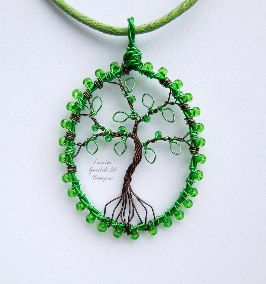 Emerald green tree of life pendant necklace, unique wearable wire art