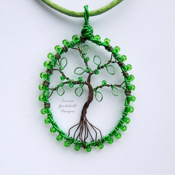 Emerald green tree of life pendant necklace, unique wearable wire art