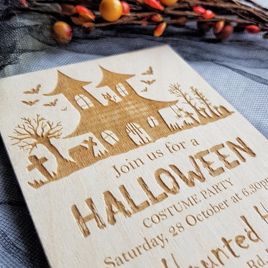 Rustic Personalised Halloween Wooden Invitation - Haunted House Party Invites