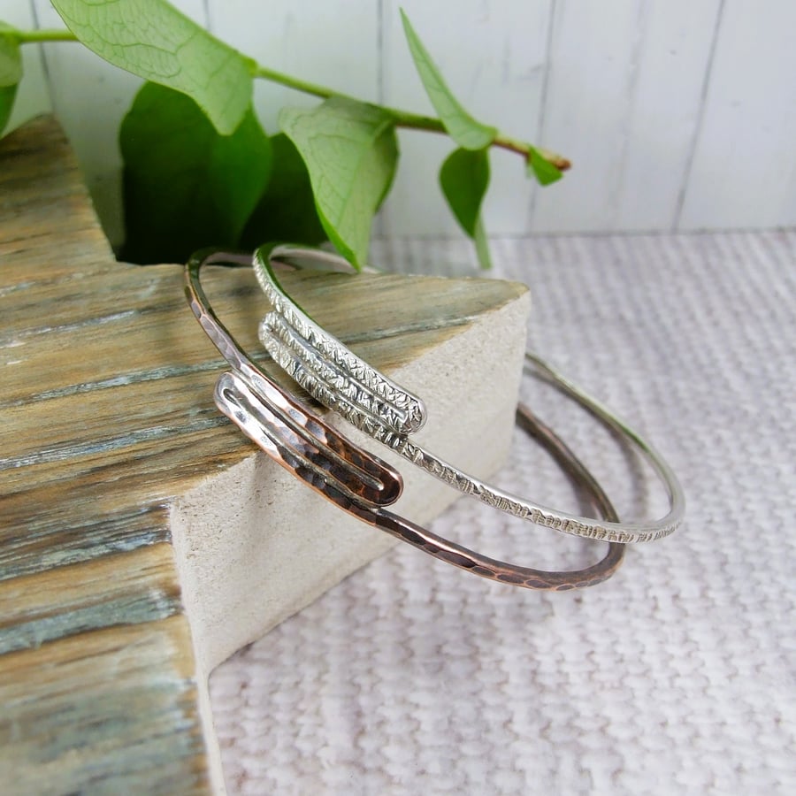 Bangle Set of Two One Each Sterling Silver and Copper. Fits Size Small 19cm 