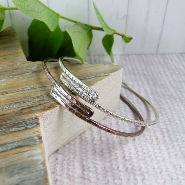 Bangle Set of Two One Each Sterling Silver and Copper. Fits Size Small 19cm 