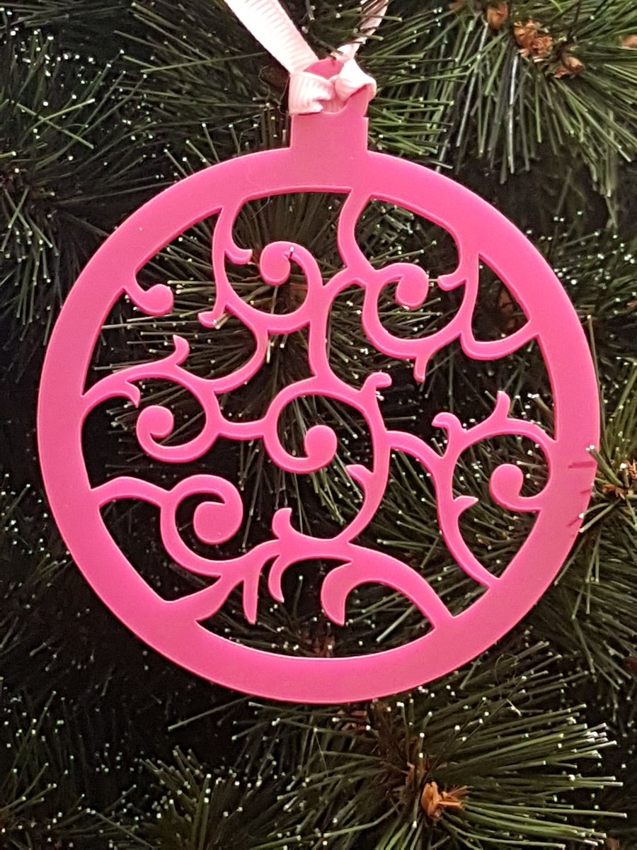 Acrylic Christmas Xmas Bauble Round Swirl Pattern - Pink