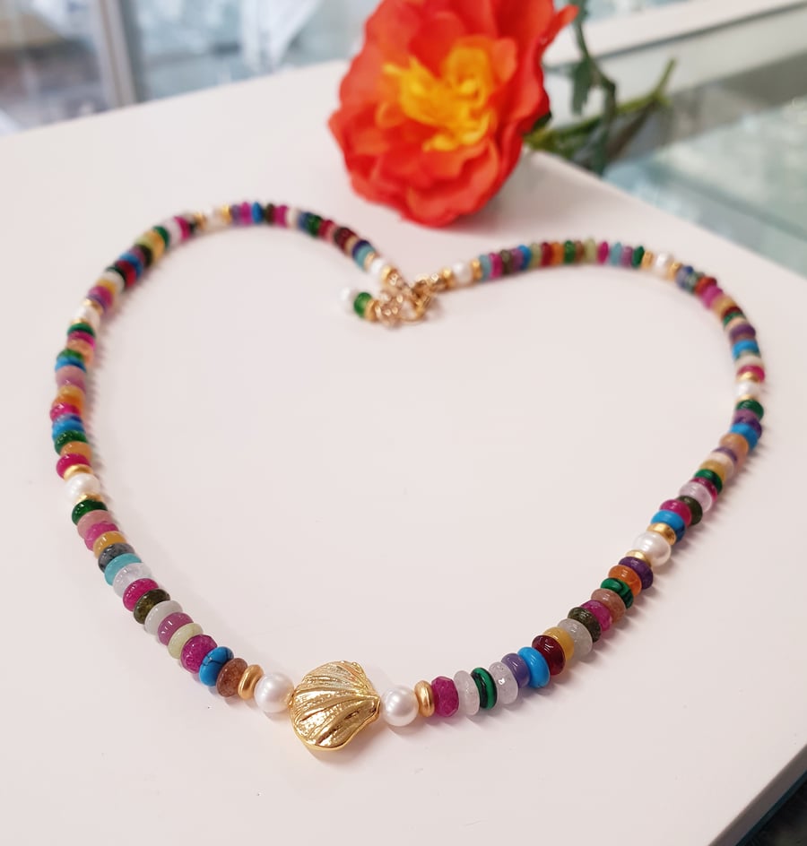 Designer Gemstone and Freshwater Pearl Necklace with Gold Shell Centrepiece