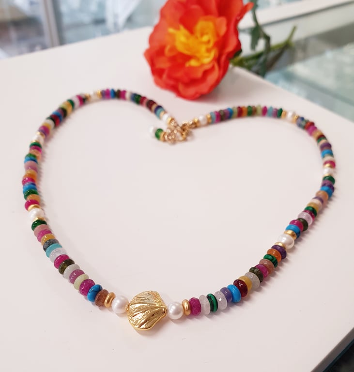 Designer Gemstone and Freshwater Pearl Necklace with Gold Shell Centrepiece