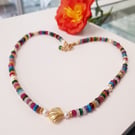 Designer Gemstone and Freshwater Pearl Necklace with Gold Shell Centrepiece