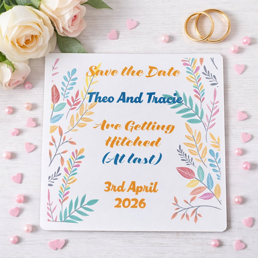 Pastel Leaf Save the Date Card.  Colourful Botanical Wedding Save the Date