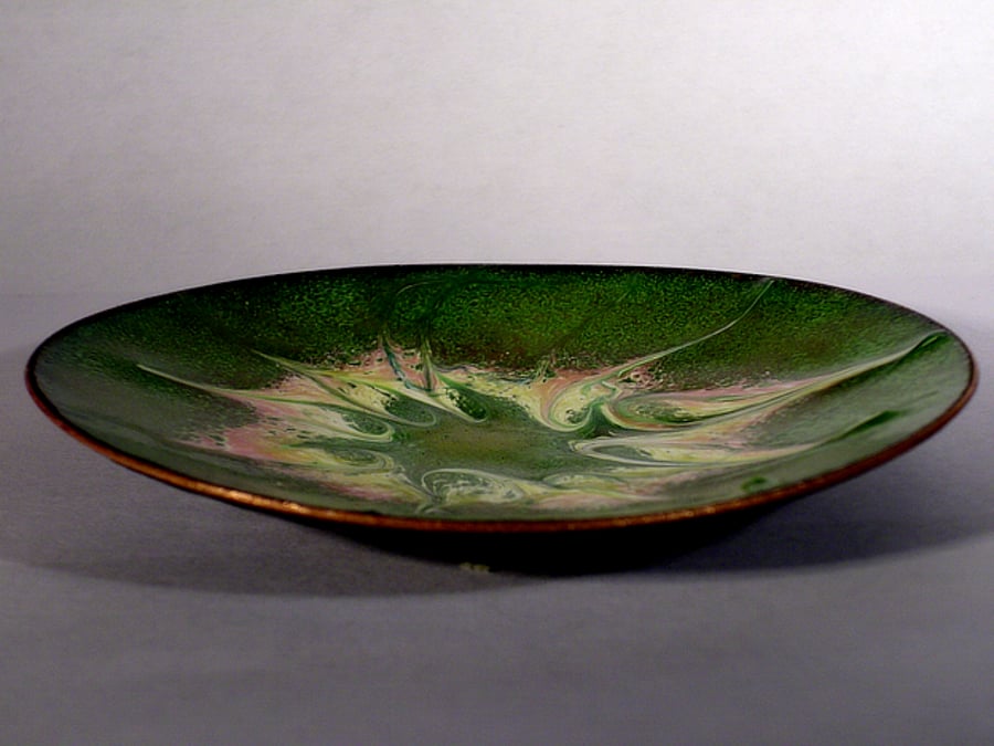 dish - scrolled pink, gold and white on green