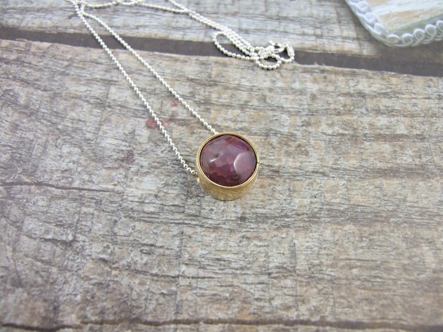 Agate Pendant. Sterling Silver and Brass Circle Pendant with Dusky Lilac Agate