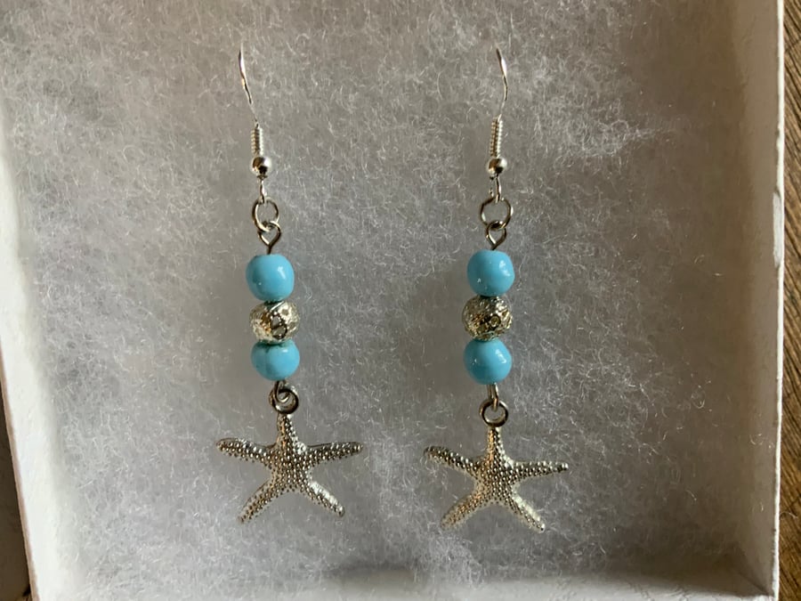 Starfish earrings. Blue beads. Silver 925 hooks. Beautiful gift. 