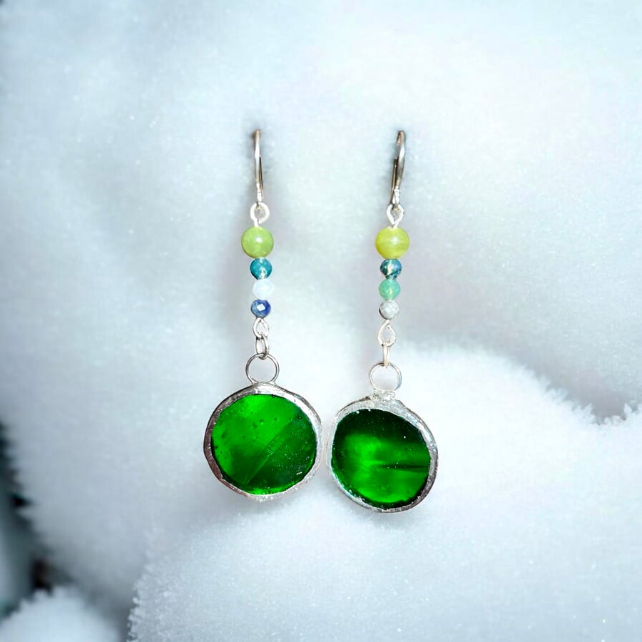 Sterling Silver, Jade,  Stained Glass Earrings,  Gift Boxed