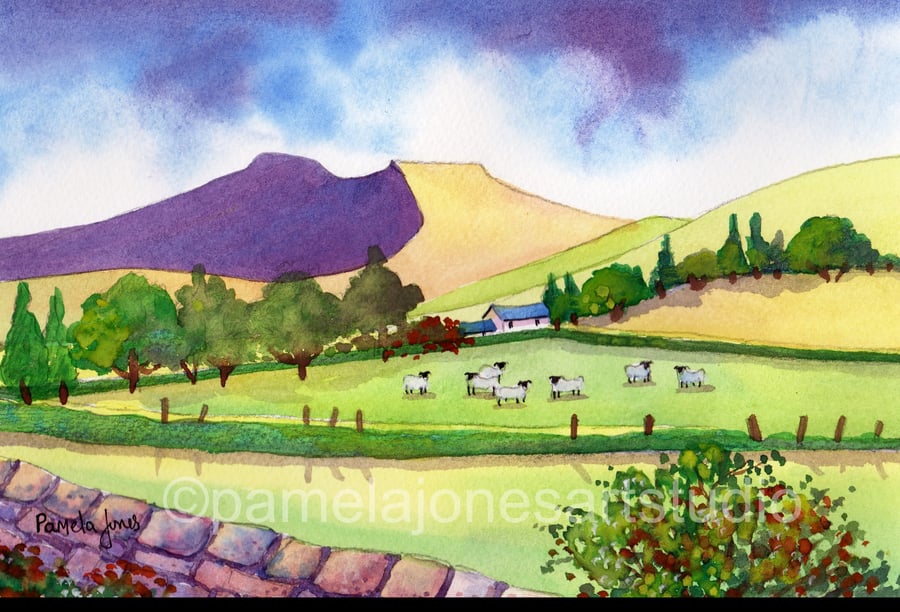 The Brecon Beacons, Sheep, Landscape, Original Watercolour in 14 x 11'' Mount