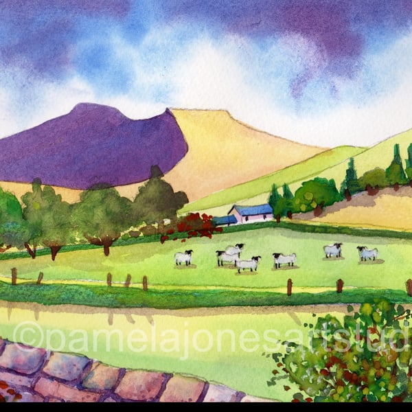 The Brecon Beacons, Sheep, Landscape, Original Watercolour in 14 x 11'' Mount