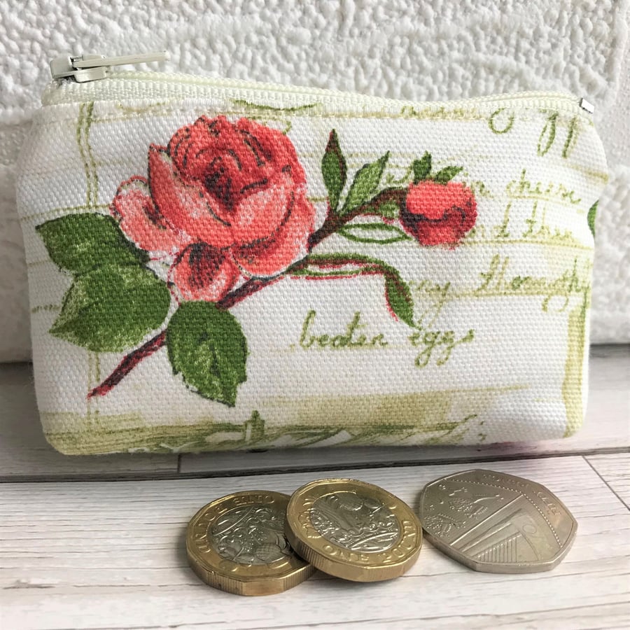 Small purse, coin purse with pink Roses and sage green recipe script