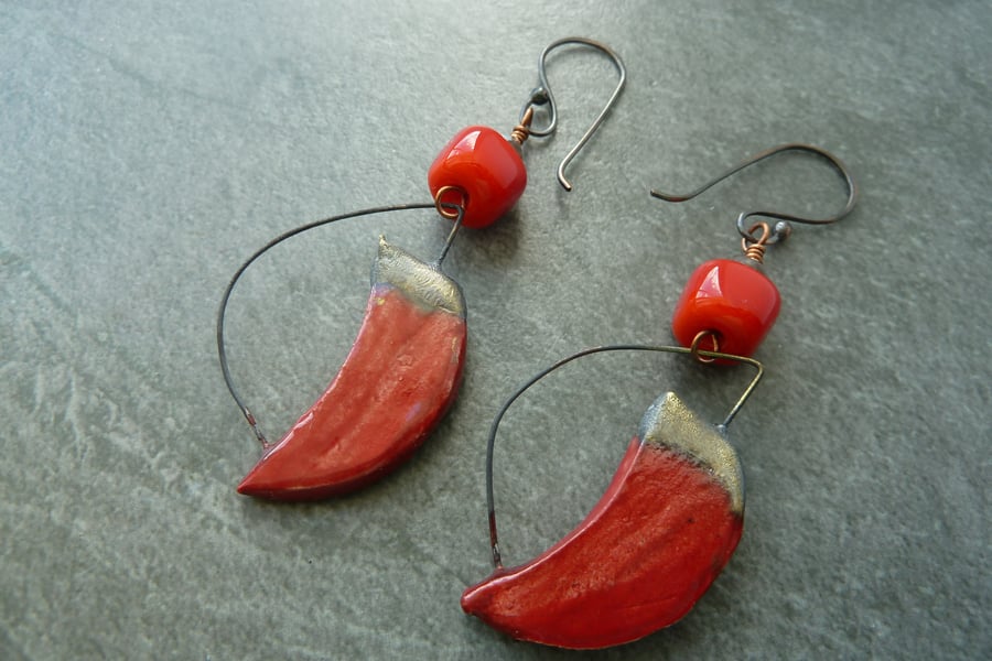 copper, red lampwork and ceramic earrings