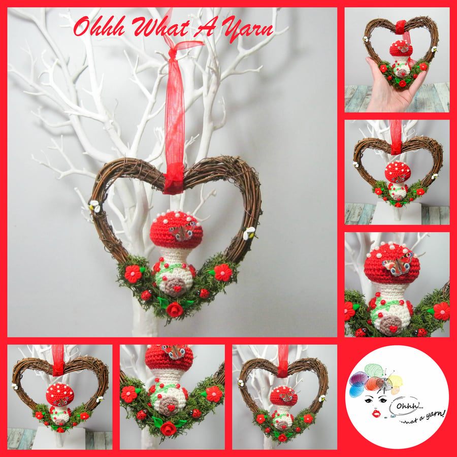 Crochet toadstool rattan heart wreath. Toadstool hanging decoration. 