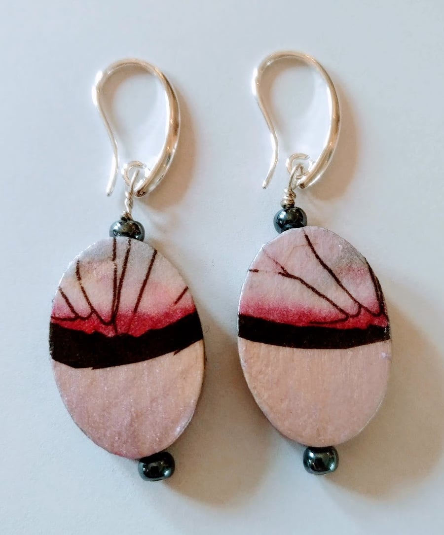 Decoupaged Oval wood earrings.