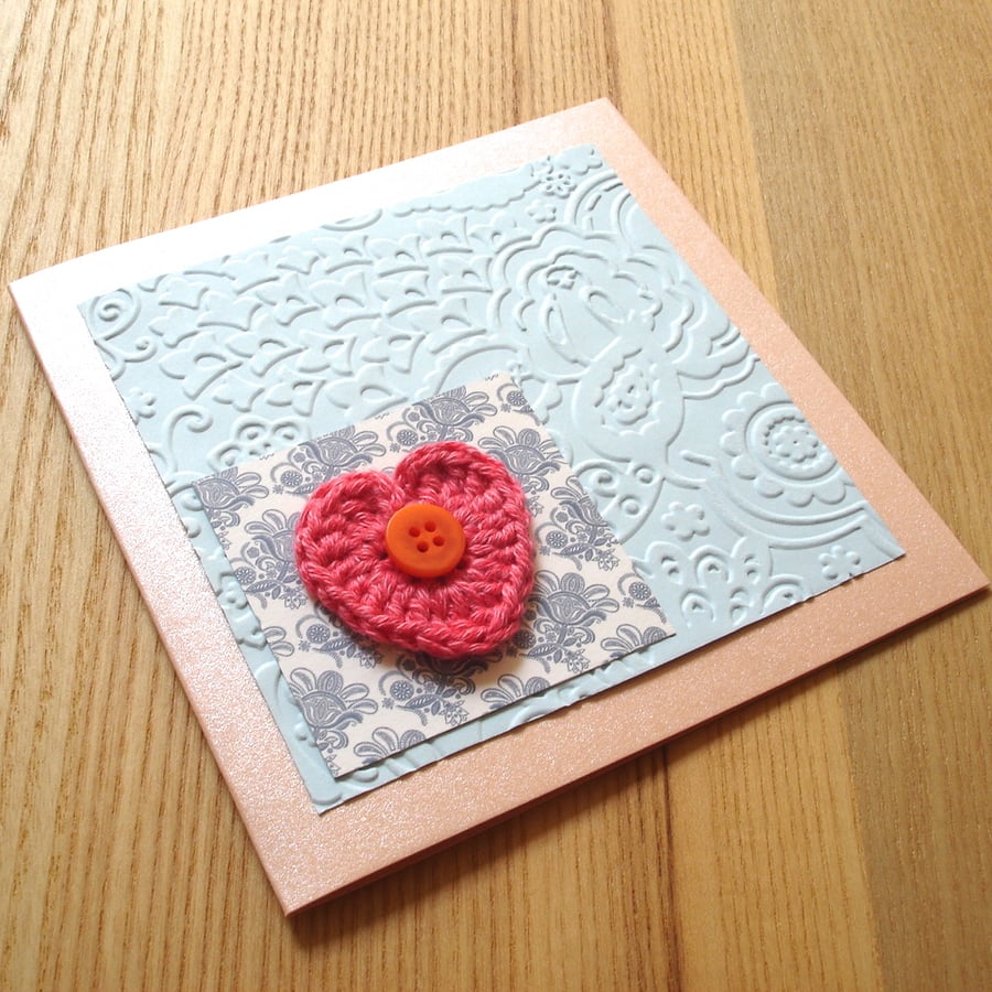 Orange and Blue Crochet Heart and Bird Birthday Anniversary Greetings Card