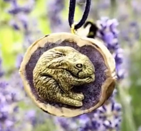 Handmade Hare Wildlife Pendant - Cast in Gold Resin, Polished Walnut Shell