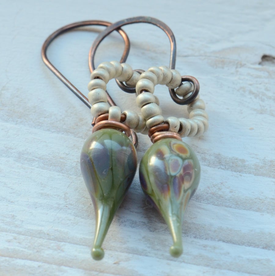 Olive Green Lampwork Glass and Copper Earrings