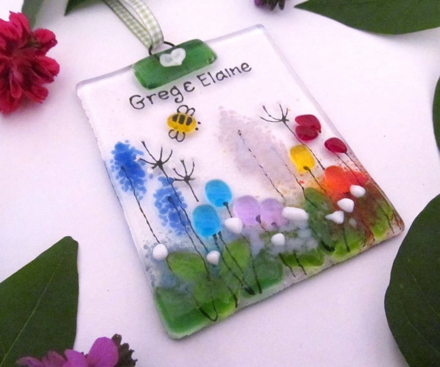 Personalised Rainbow Country Meadow Fused Glass Suncatcher - Made to Order