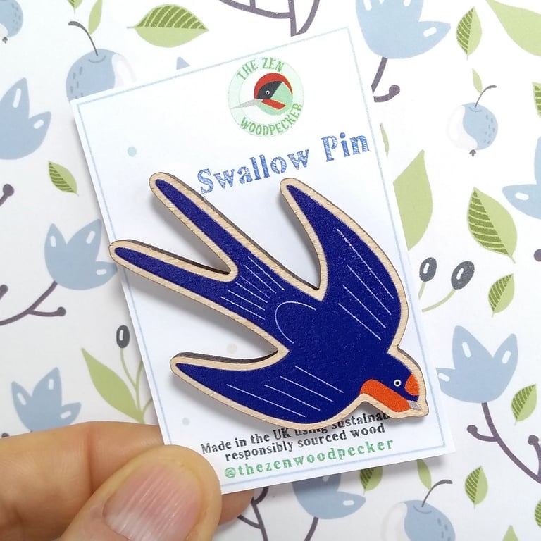 Swallow Pin Badge, Wooden Bird Brooch, Flying Bird Badge