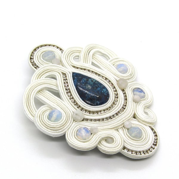 Handmade soutache brooch azurite opal moonstone statement boho gift