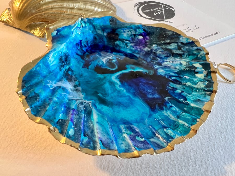 Blue Lagoon 4 Hand painted Dorset Scallop Shell Jewellery Trinket dish. 