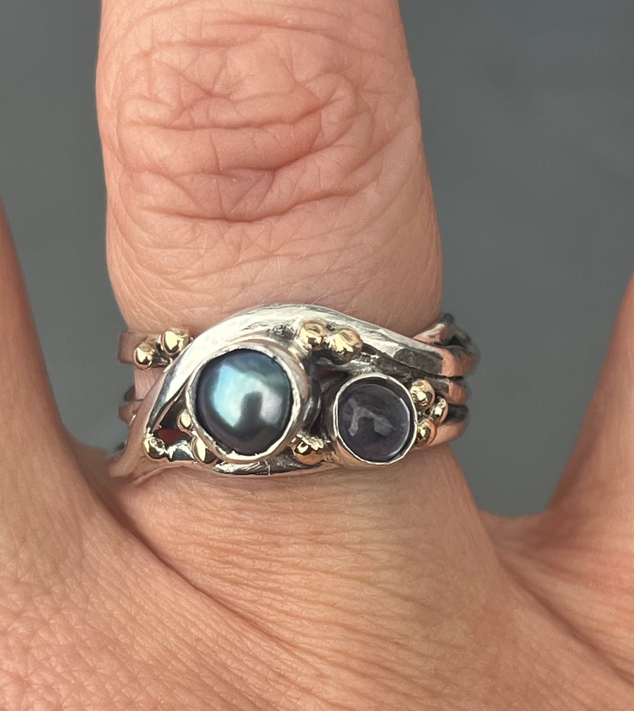 Pearl Ring, Iolite Ring, Freeform Ring, silver wire ring, pearl, Iolite, 