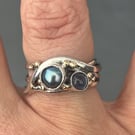 Pearl Ring, Iolite Ring, Freeform Ring, silver wire ring, gold bubbles ring,