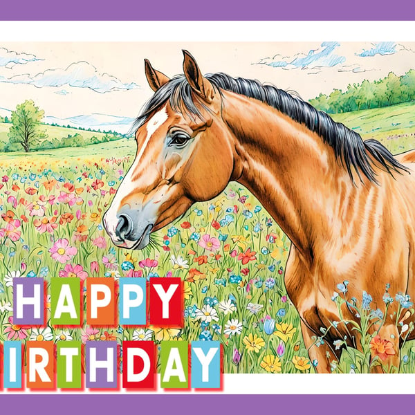 Happy Birthday Horse in Meadow Card A5