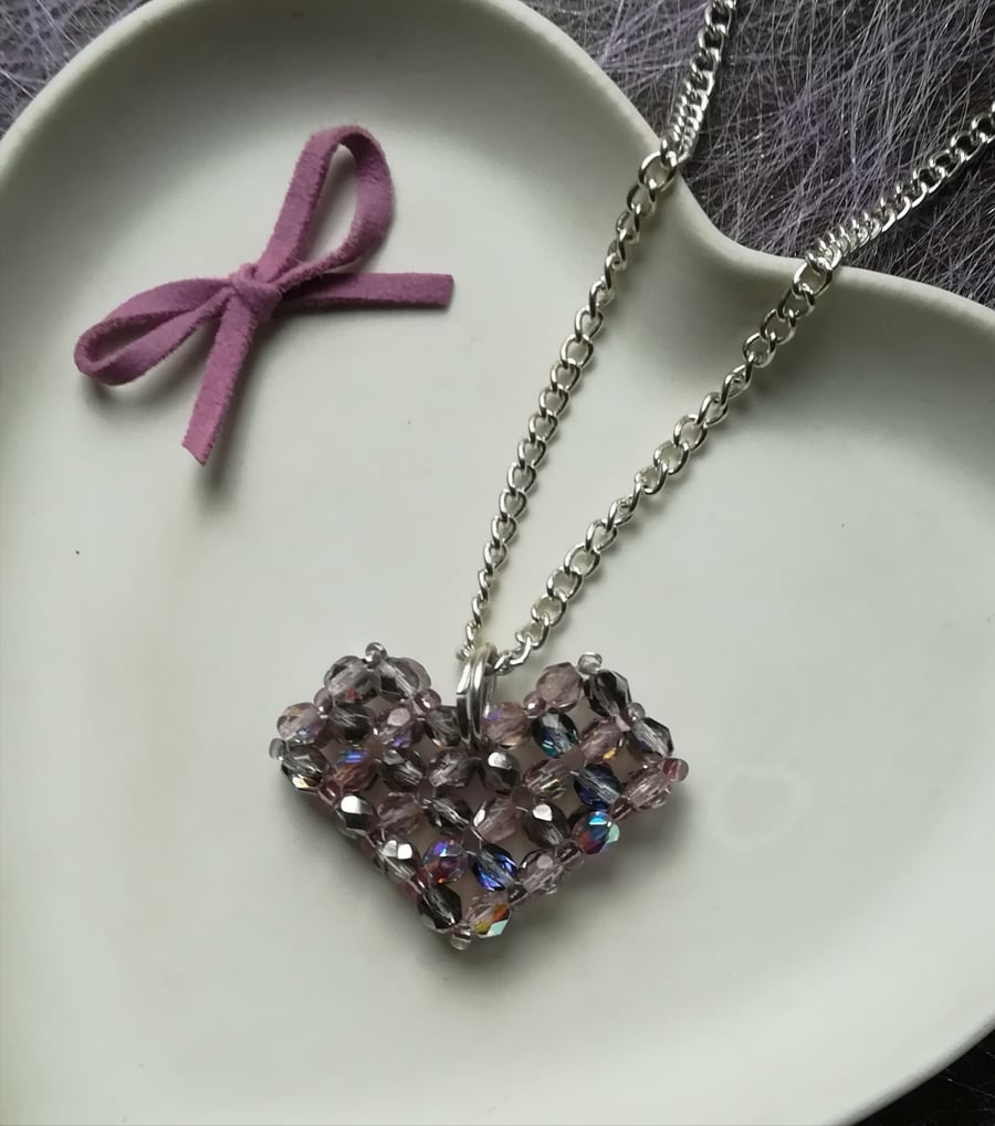 Woven Heart Pendant Necklace in Violet colour Czech crystals