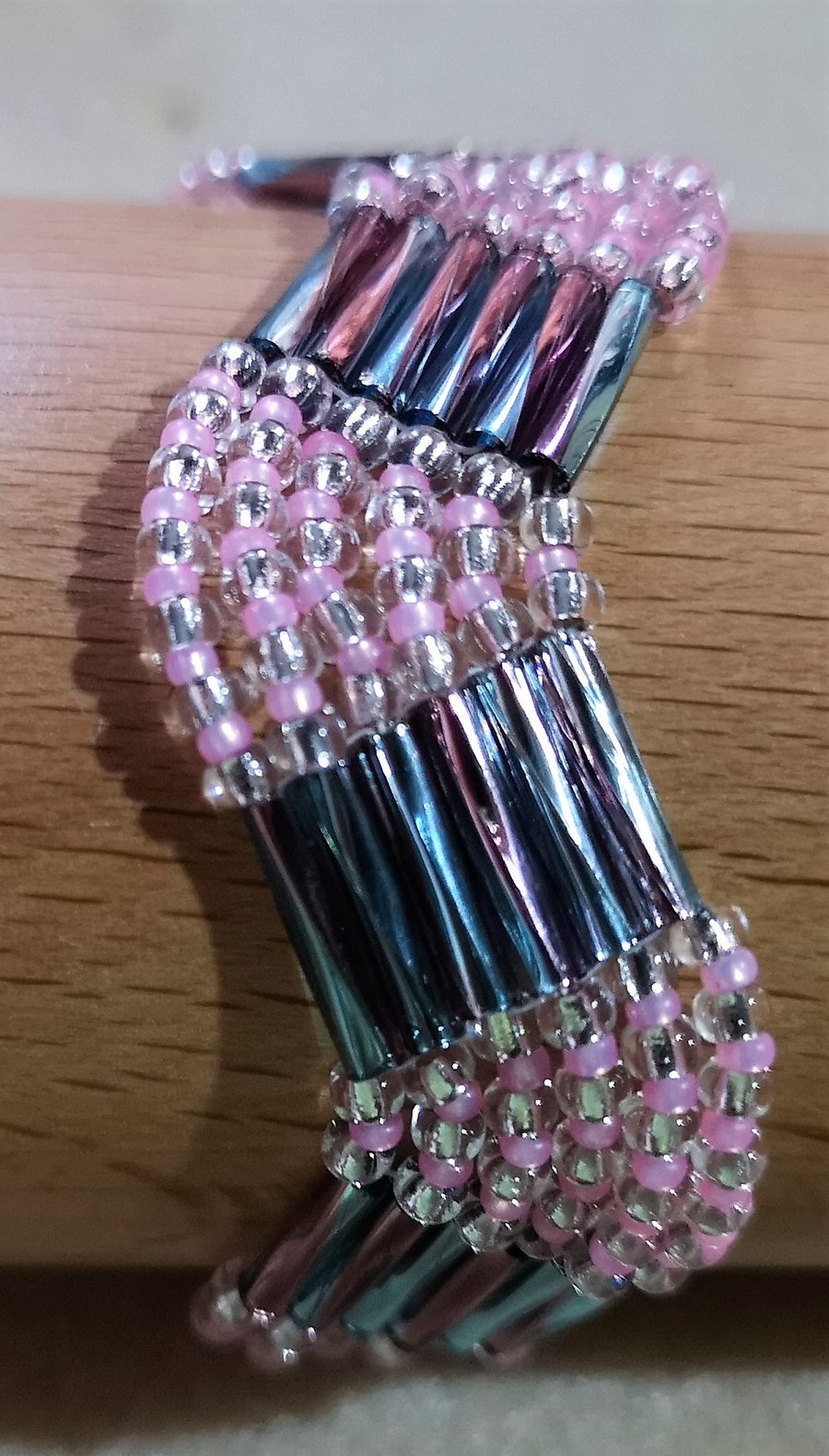 Pink and white silver lined Seed Beaded Bracelet  