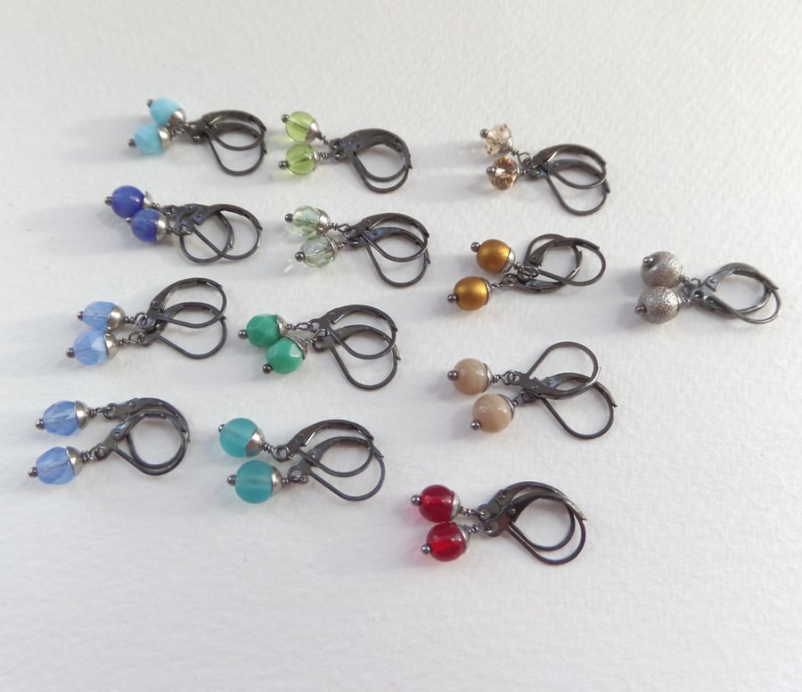 Gunmetal Dainty Earrings, Dangle drop leverback Earrings