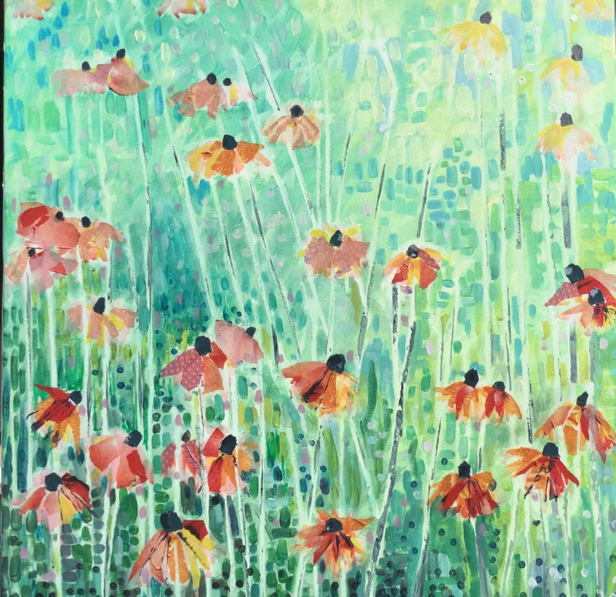 Original one off mixed media painting of echinacea in a summer garden.