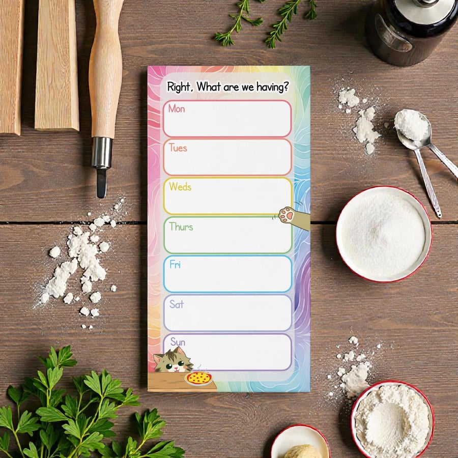 Funny Cat Meal Planner Notepad Pastel Rainbow Weekly Menu Tracker-Magnetic back 
