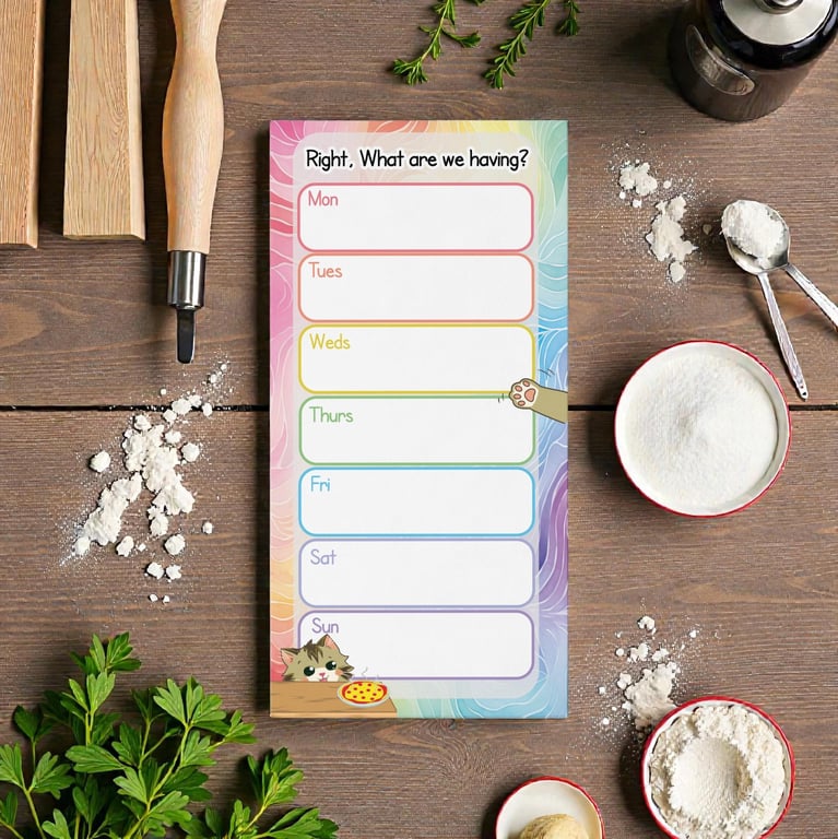 Funny Cat Meal Planner Notepad Pastel Rainbow Weekly Menu Tracker-Magnetic back 
