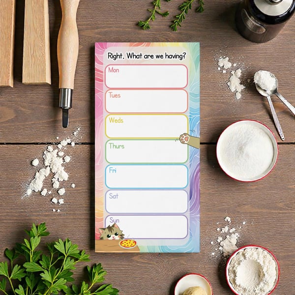 Funny Cat Meal Planner Notepad Pastel Rainbow Weekly Menu Tracker-Magnetic back 