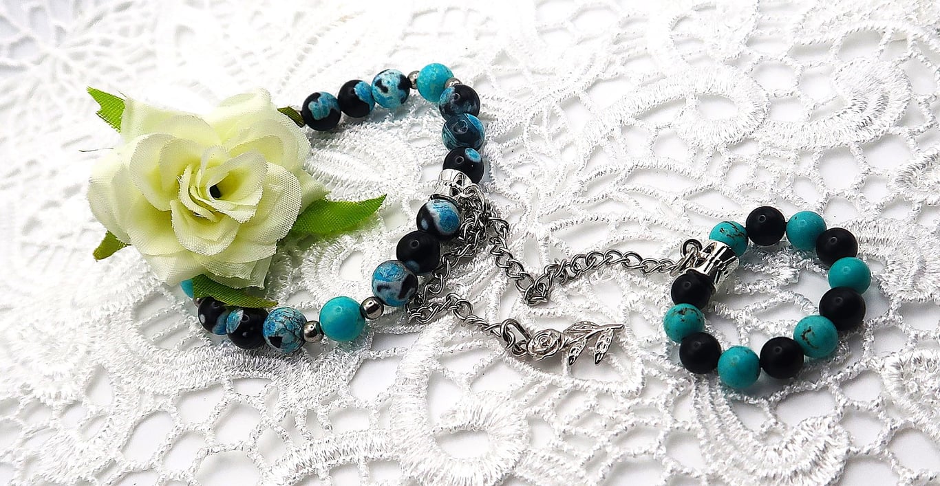 Agate and Howlite Ring Combination Bracelet with Rose Charm