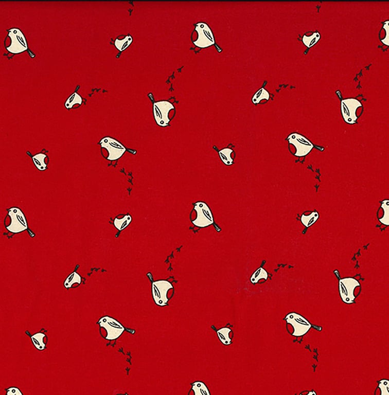 Christmas Fabric Scandi Red Robins on Red Cotton Craft Fabric - 1 Metre