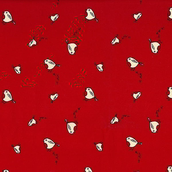 Christmas Fabric Scandi Red Robins on Red Cotton Craft Fabric - 1 Metre