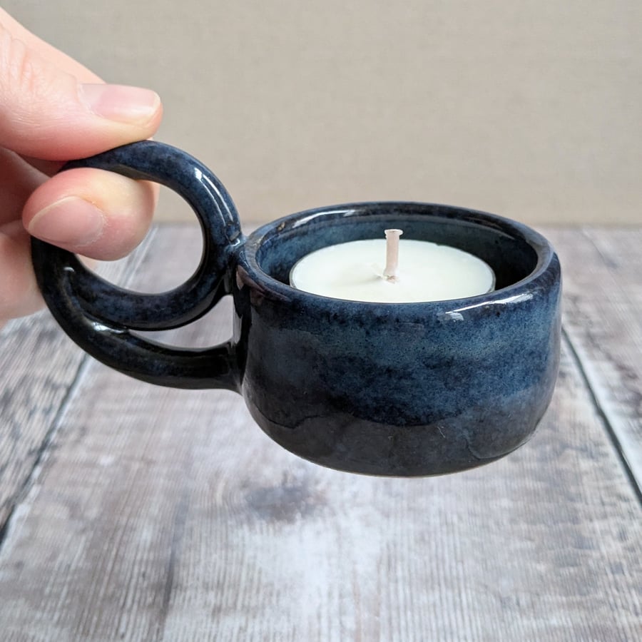 Perfectly imperfect dark blue ceramic tealight holder with handle