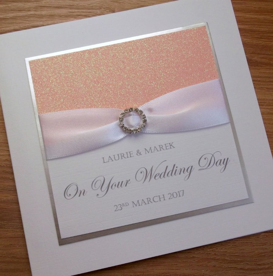 Handmade personalised wedding card with names and date